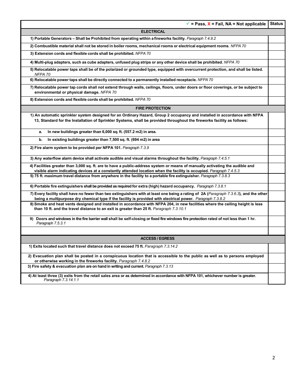 NFPA 1124 (2006 Edition) Consumer Fireworks Facility Compliance Checklist - Pennsylvania, Page 2