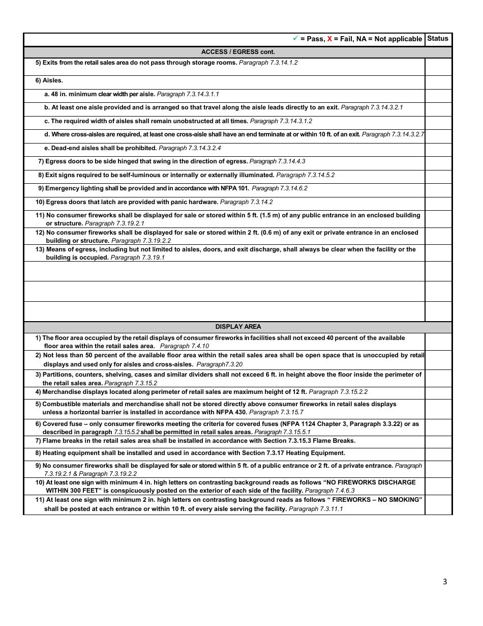 NFPA 1124 (2006 Edition) Consumer Fireworks Facility Compliance Checklist - Pennsylvania, Page 3