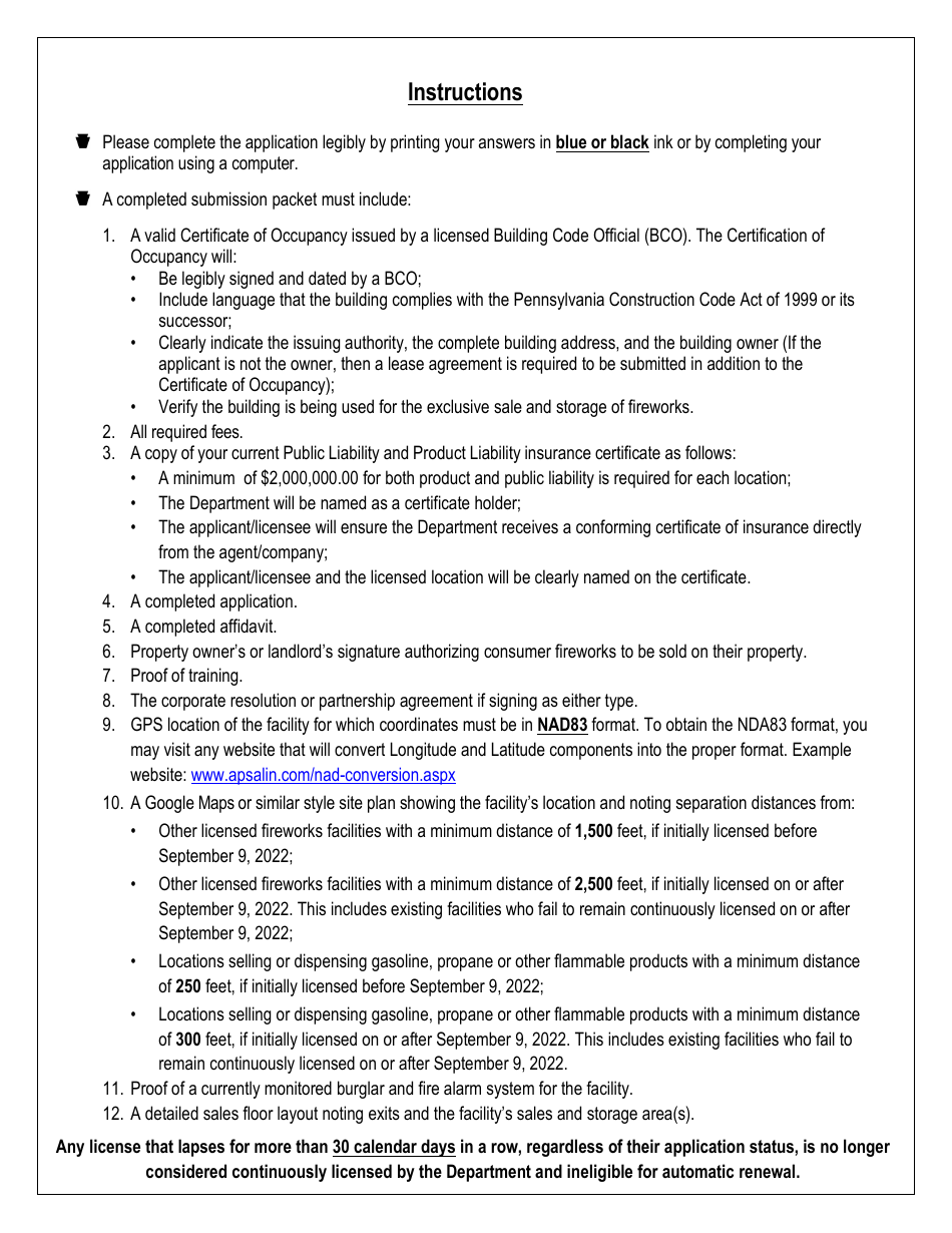 Application for Consumer Fireworks Facility - Pennsylvania, Page 3