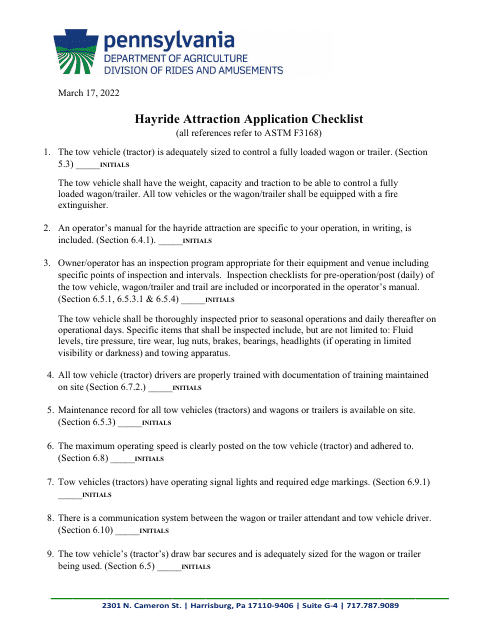 Hayride Attraction Application Checklist - Pennsylvania