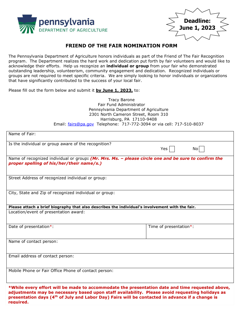 2023 Pennsylvania Friend of the Fair Nomination Form - Fill Out, Sign ...