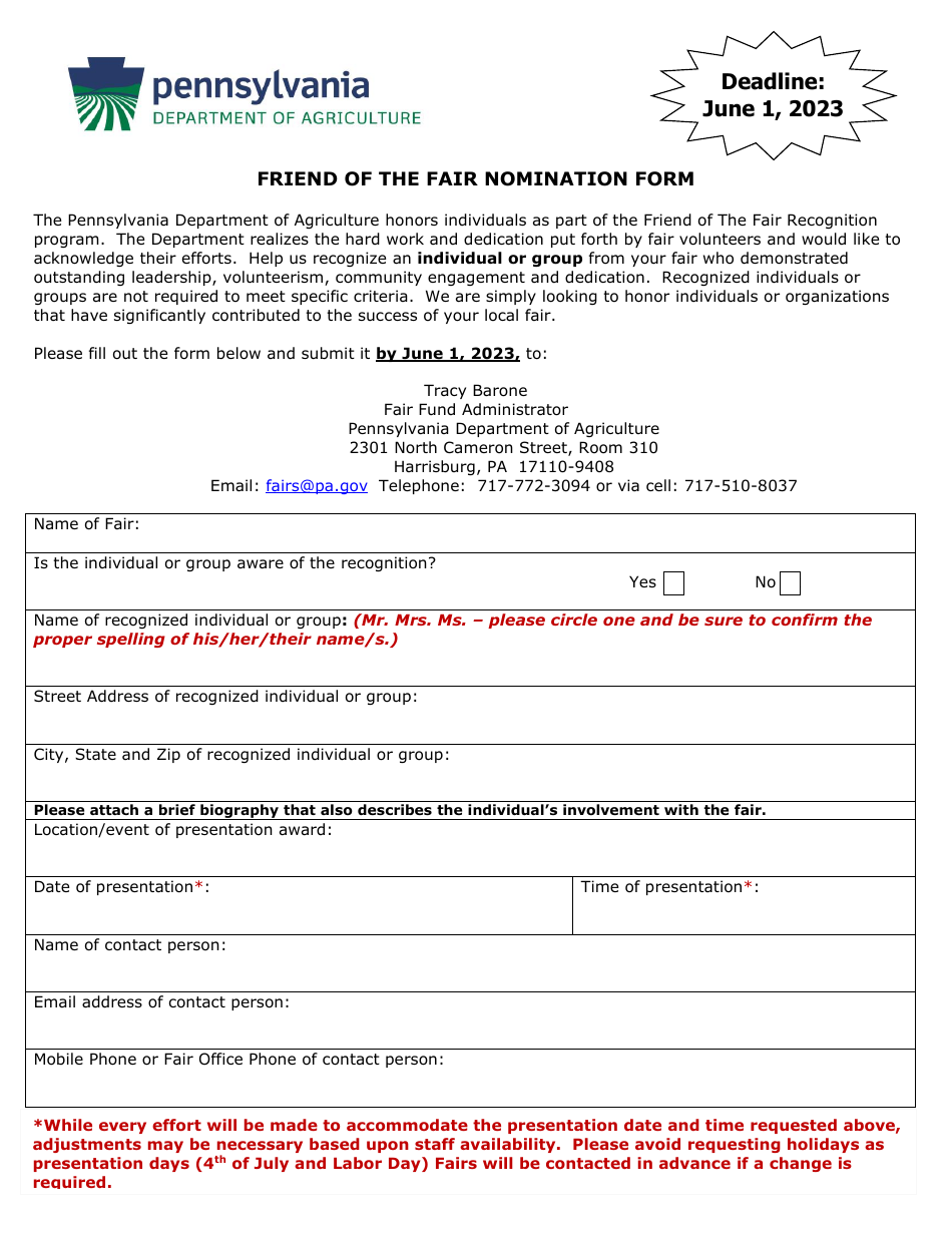 Friend of the Fair Nomination Form - Pennsylvania, Page 1