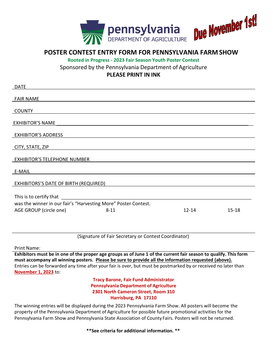 Poster Contest Entry Form for Pennsylvania Farm Show - Pennsylvania, Page 1