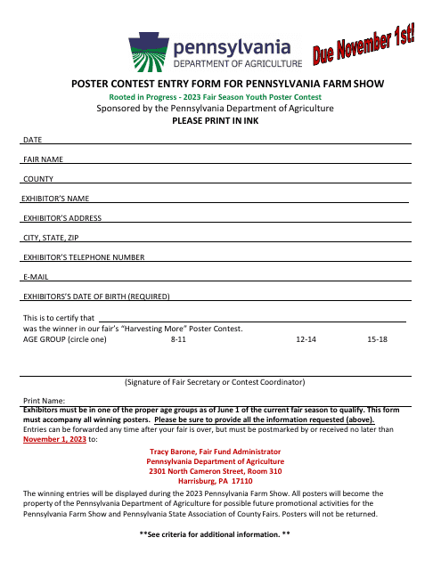 Poster Contest Entry Form for Pennsylvania Farm Show - Pennsylvania, 2023
