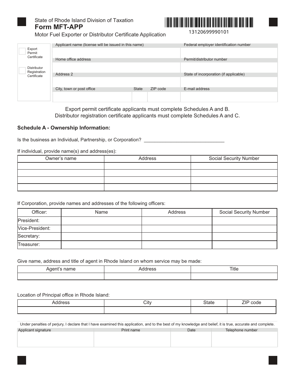 Form MFT-APP Motor Fuel Exporter or Distributor Certificate Application - Rhode Island, Page 1