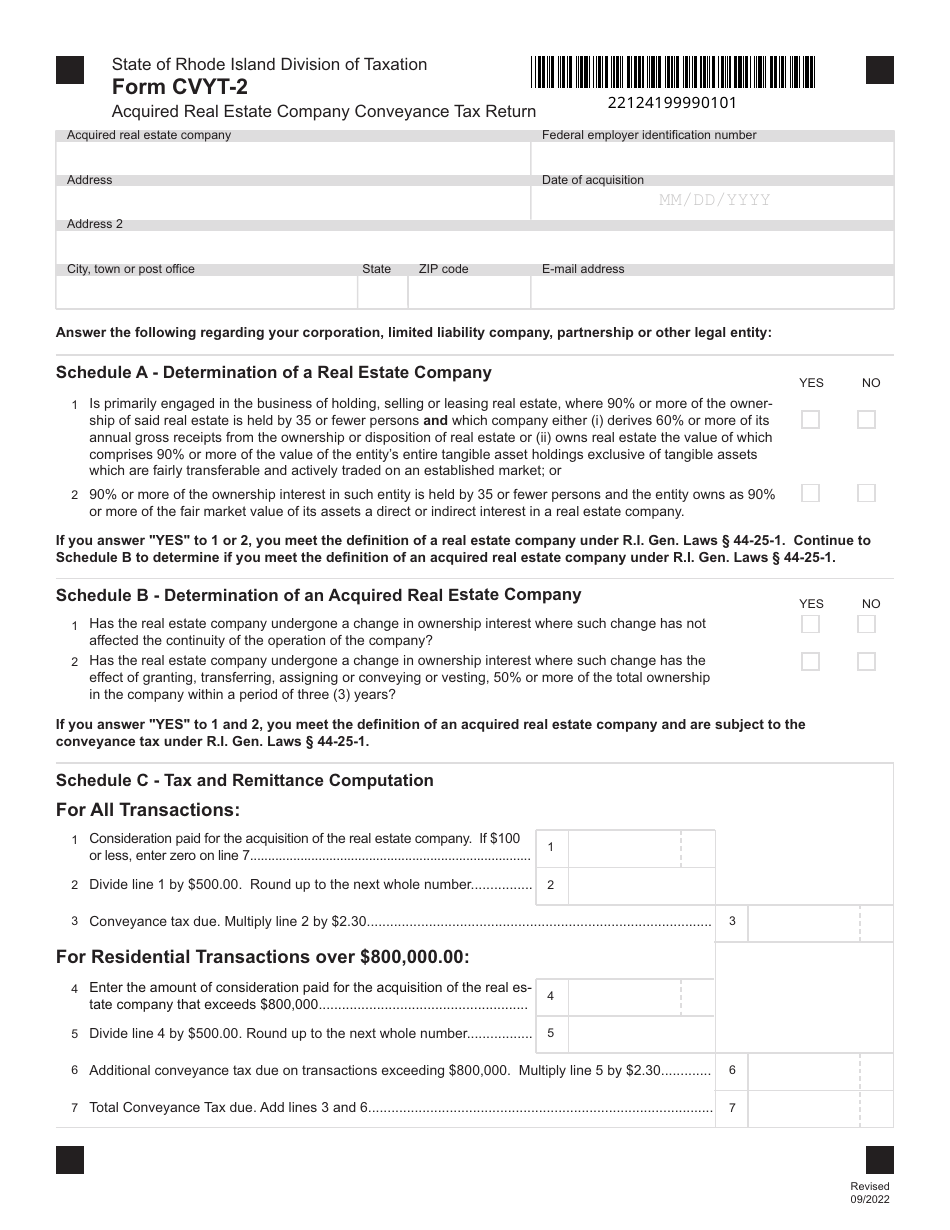 Form CVYT-2 Acquired Real Estate Company Conveyance Tax Return - Rhode Island, Page 1