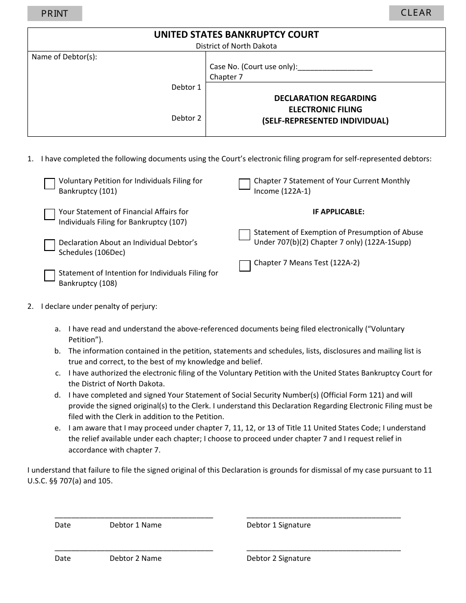 North Dakota Declaration Regarding Electronic Filing (Selfrepresented Individual) Fill Out