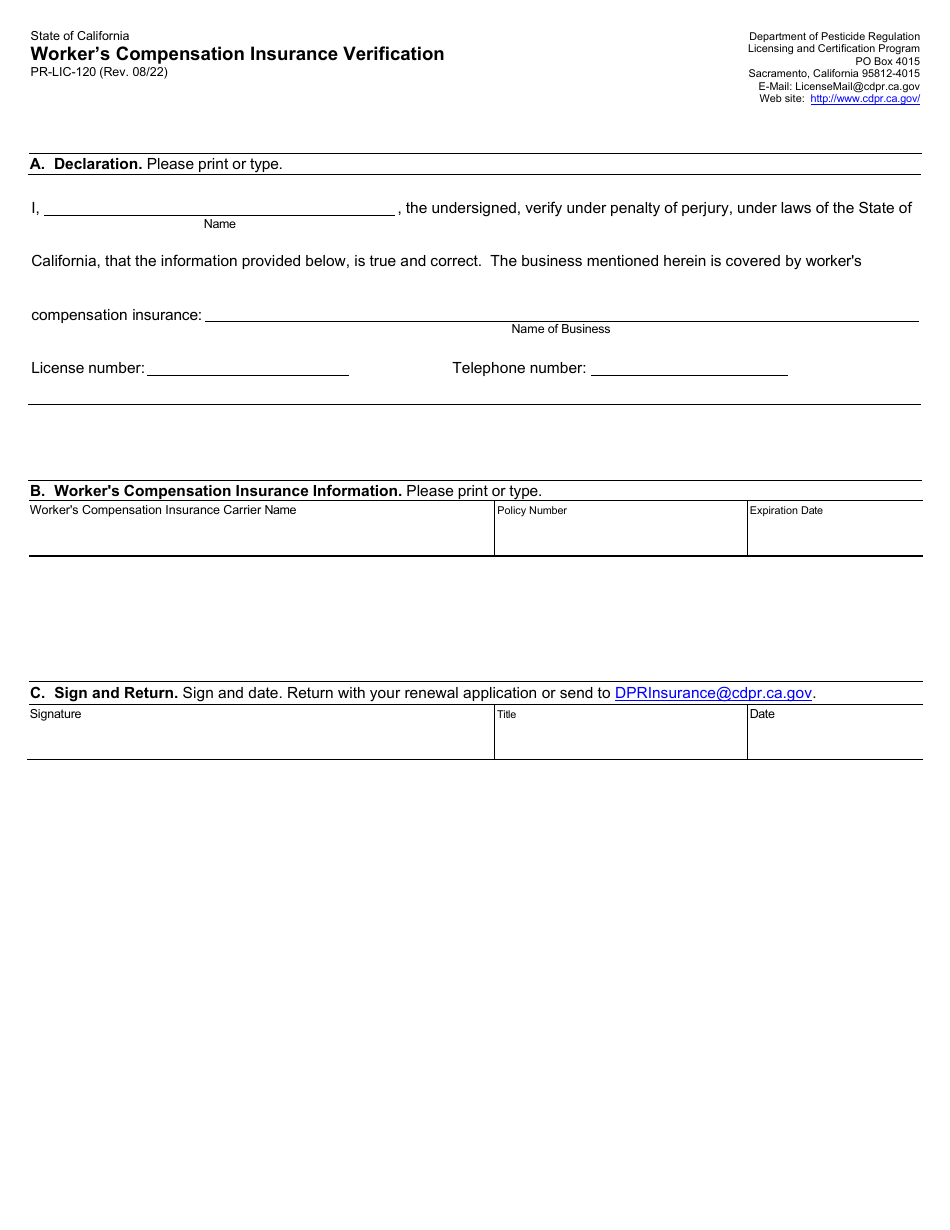 Form PR-LIC-120 Workers Compensation Insurance Verification - California, Page 1