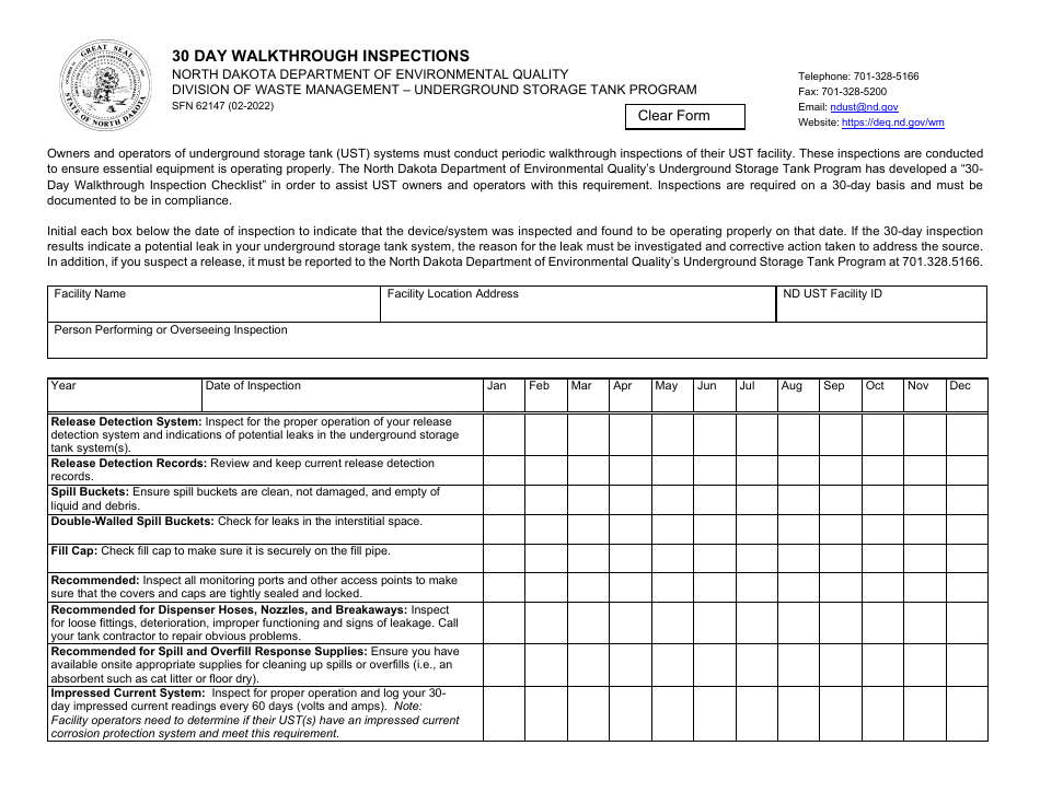 Form SFN62147 30 Day Walkthrough Inspections - North Dakota, Page 1
