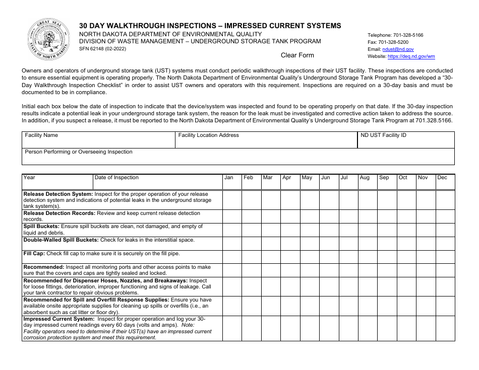 Form SFN62148 30 Day Walkthrough Inspections - Impressed Current Systems - North Dakota, Page 1