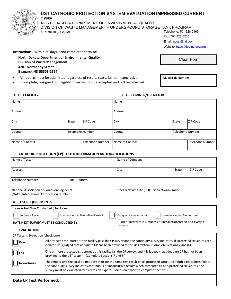 Form SFN60640 Ust Cathodic Protection System Evaluation Impressed Current Type - North Dakota, Page 1
