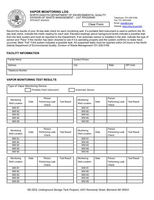Form SFN62227 Vapor Monitoring Log - North Dakota