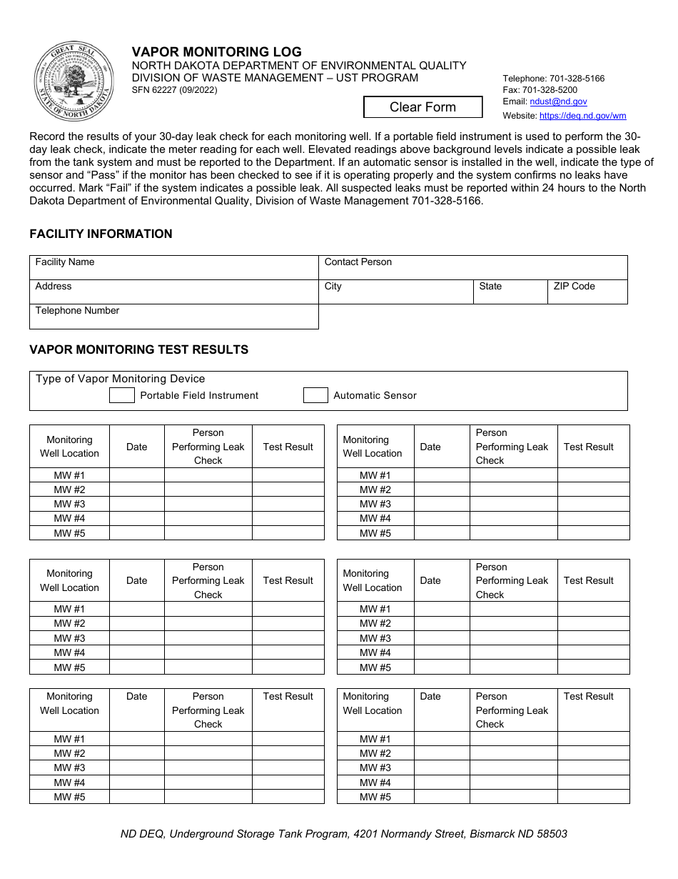 Form SFN62227 Vapor Monitoring Log - North Dakota, Page 1