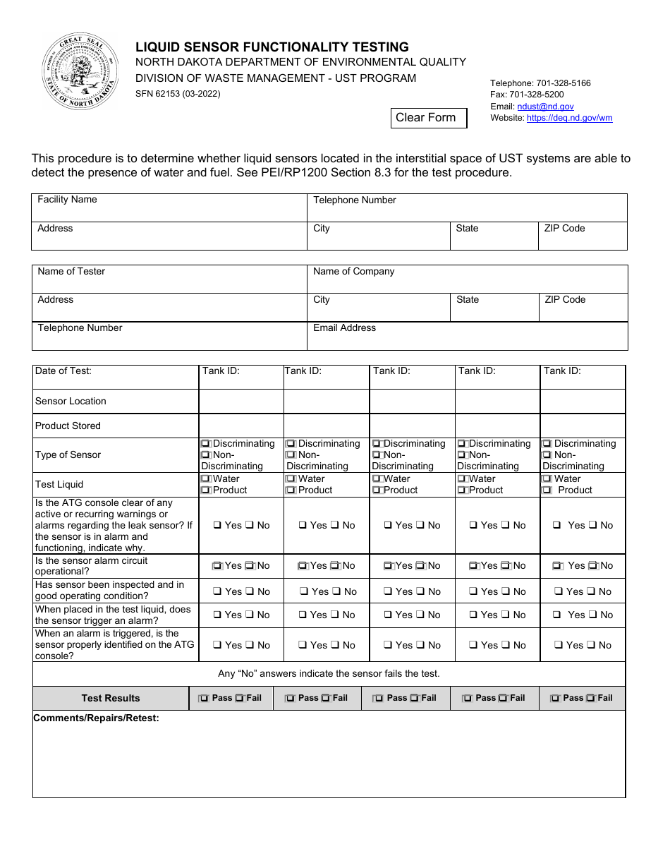 Form SFN62153 Liquid Sensor Functionality Testing - North Dakota, Page 1