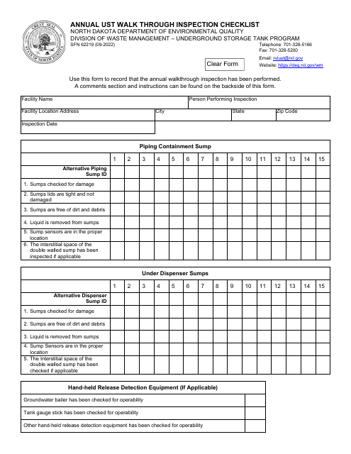 Form SFN62219 Annual Ust Walk Through Inspection Checklist - North Dakota