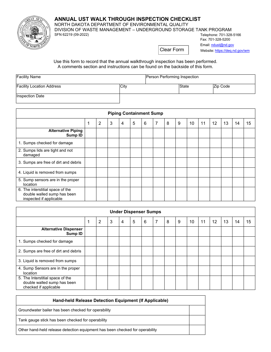 Form SFN62219 Annual Ust Walk Through Inspection Checklist - North Dakota, Page 1