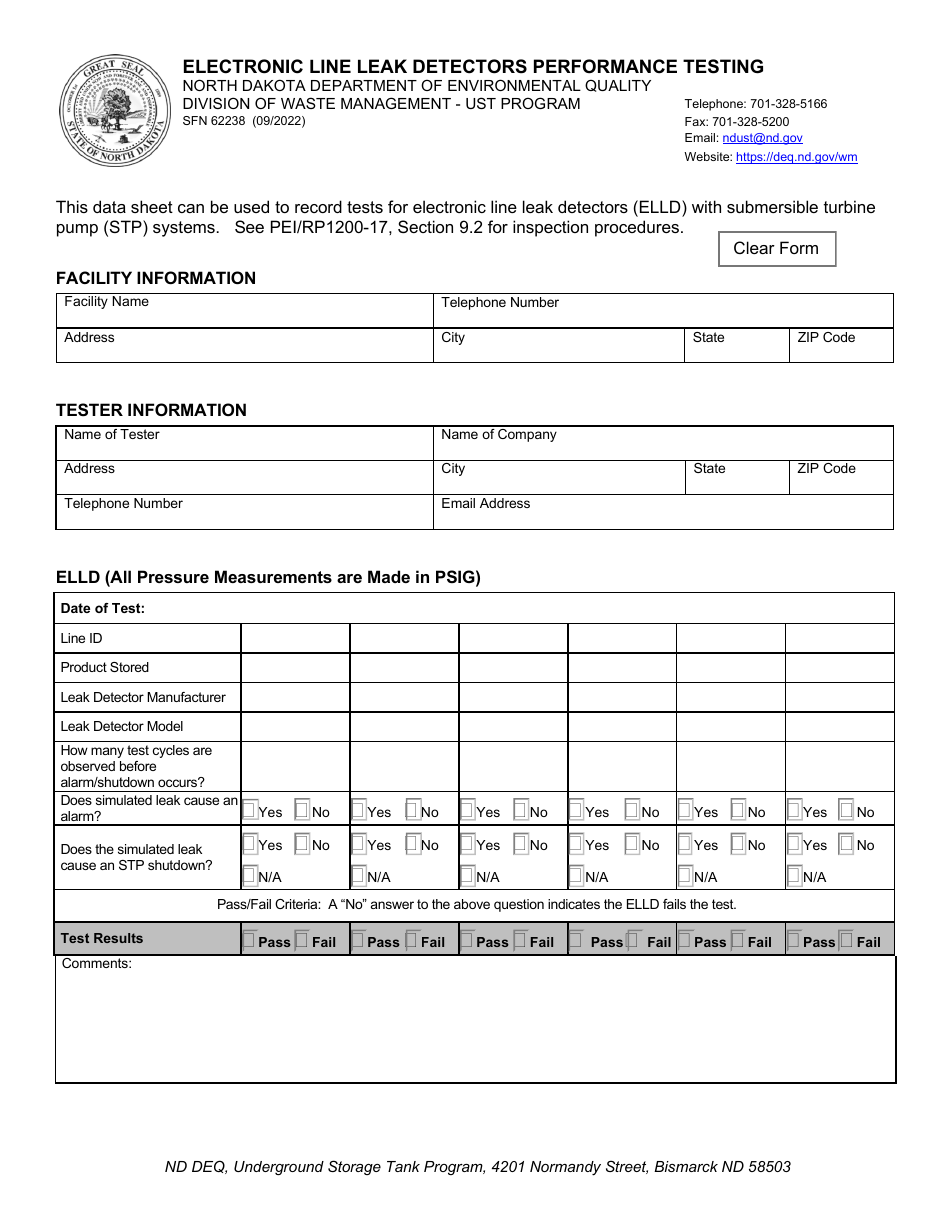 Form SFN62238 Electronic Line Leak Detectors Performance Testing - North Dakota, Page 1