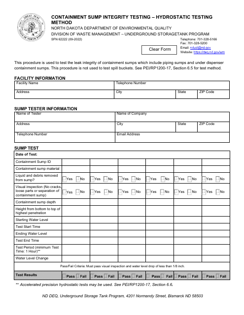Form SFN62222 Containment Sump Integrity Testing - Hydrostatic Testing Method - North Dakota