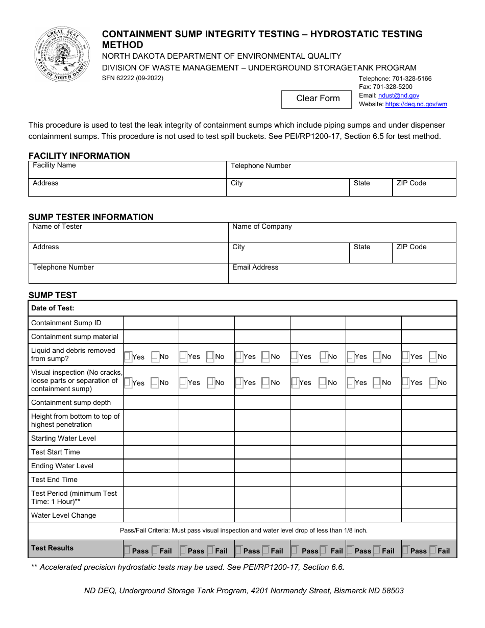 Form SFN62222 Containment Sump Integrity Testing - Hydrostatic Testing Method - North Dakota, Page 1
