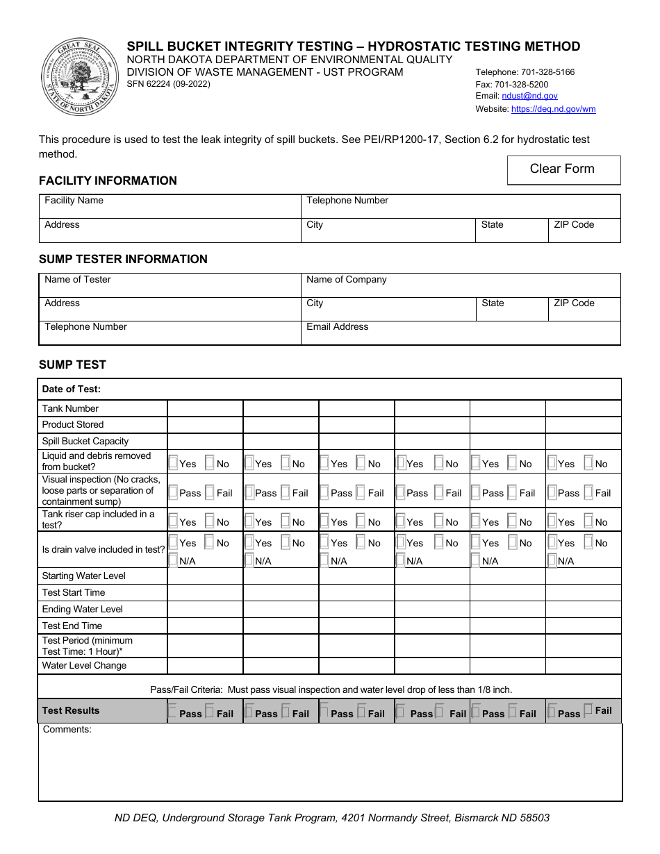 Form SFN62224 Spill Bucket Integrity Testing - Hydrostatic Testing Method - North Dakota, Page 1