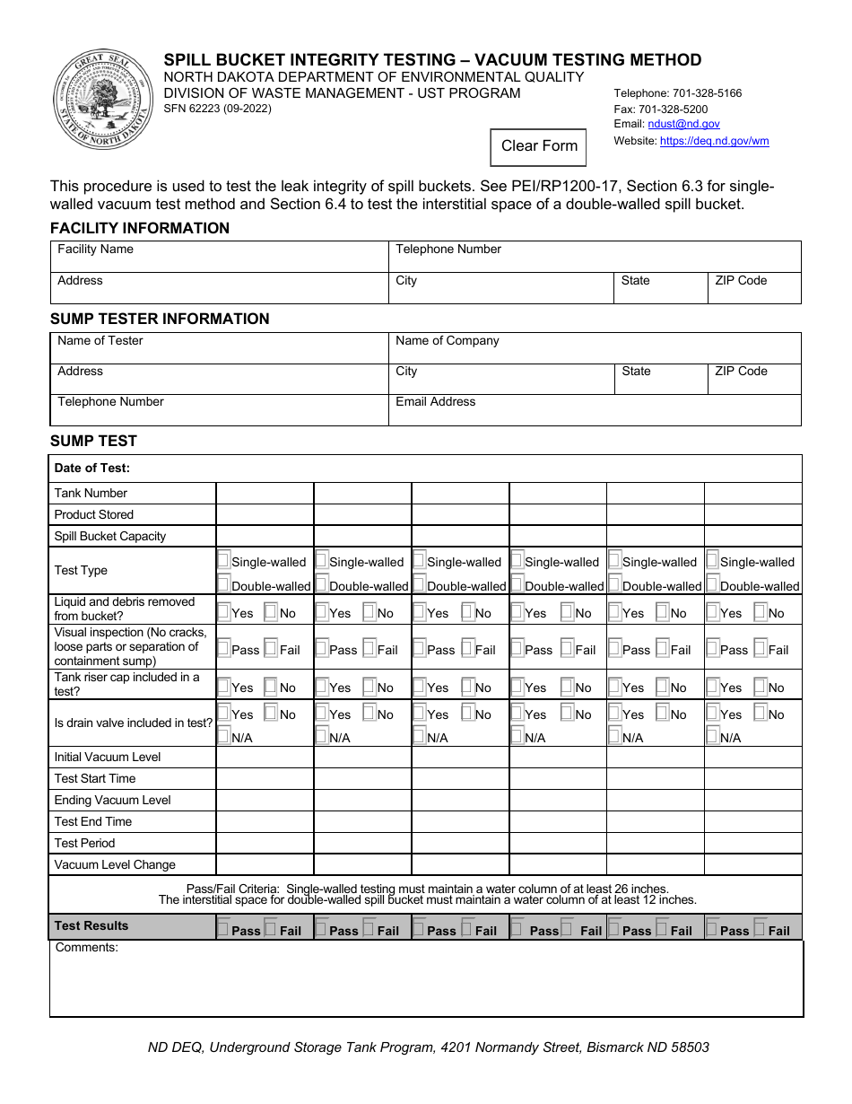 Form SFN62223 Spill Bucket Integrity Testing - Vacuum Testing Method - North Dakota, Page 1