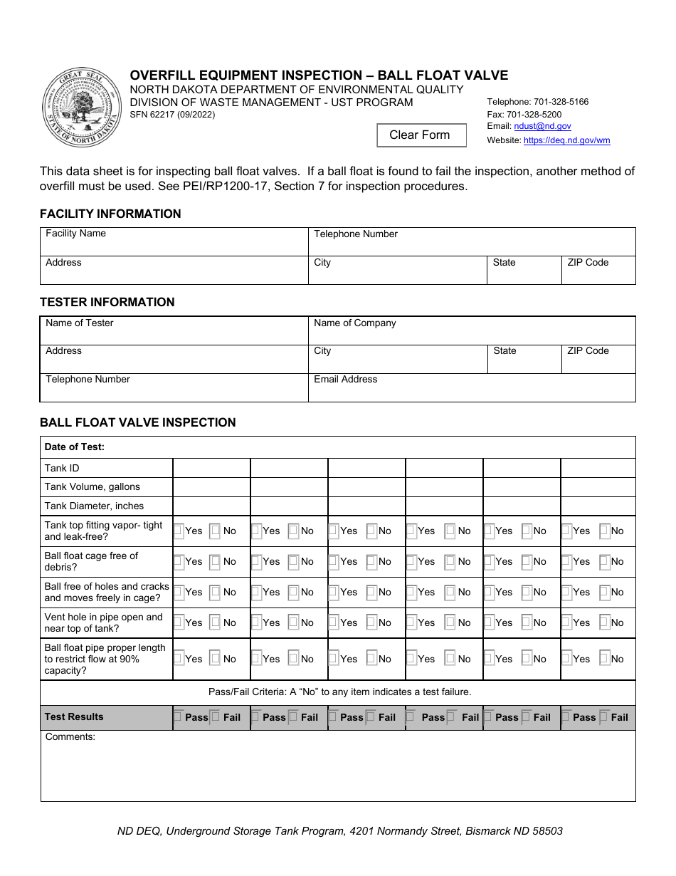 Form SFN62217 Overfill Equipment Inspection - Ball Float Valve - North Dakota, Page 1