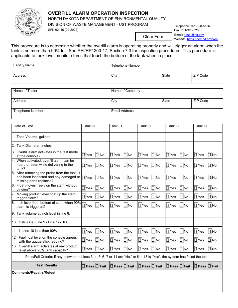Form SFN62146 Overfill Alarm Operation Inspection - North Dakota, Page 1
