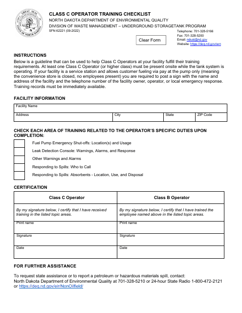 Form SFN62221 Class C Operator Training Checklist - North Dakota