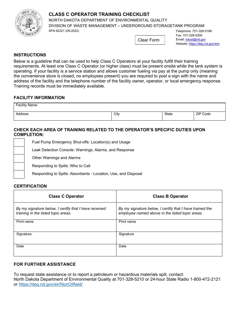Form SFN62221 Class C Operator Training Checklist - North Dakota, Page 1