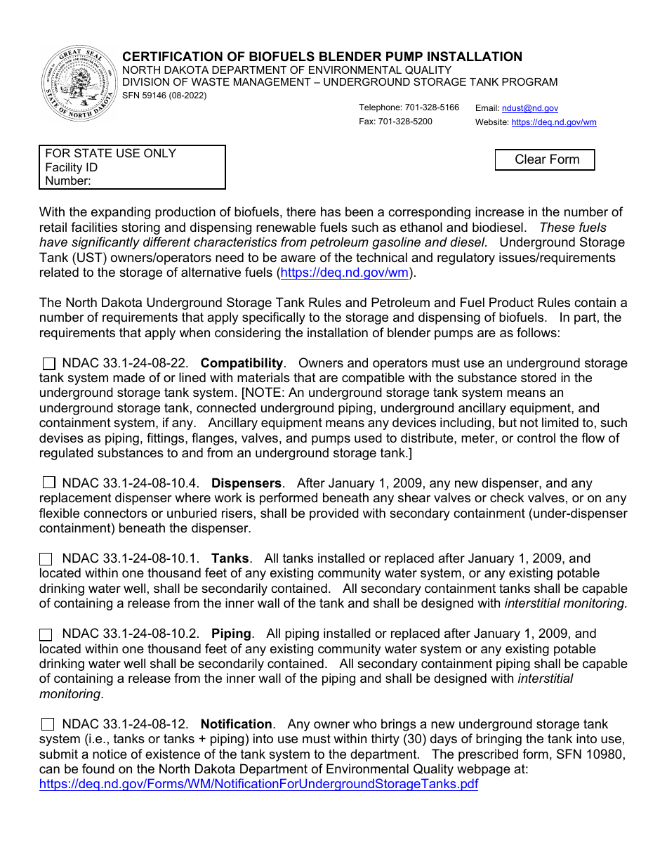 Form SFN59146 Certification of Biofuels Blender Pump Installation - North Dakota, Page 1