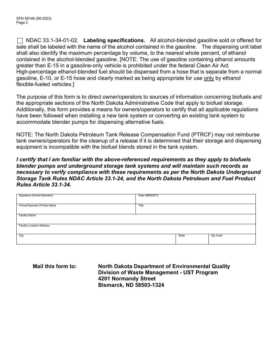 Form SFN59146 Certification of Biofuels Blender Pump Installation - North Dakota, Page 2