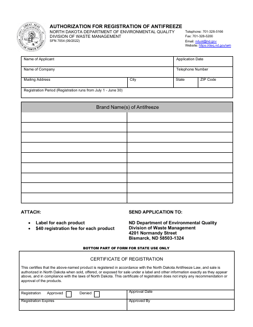 Form SFN7054 Authorization for Registration of Antifreeze - North Dakota