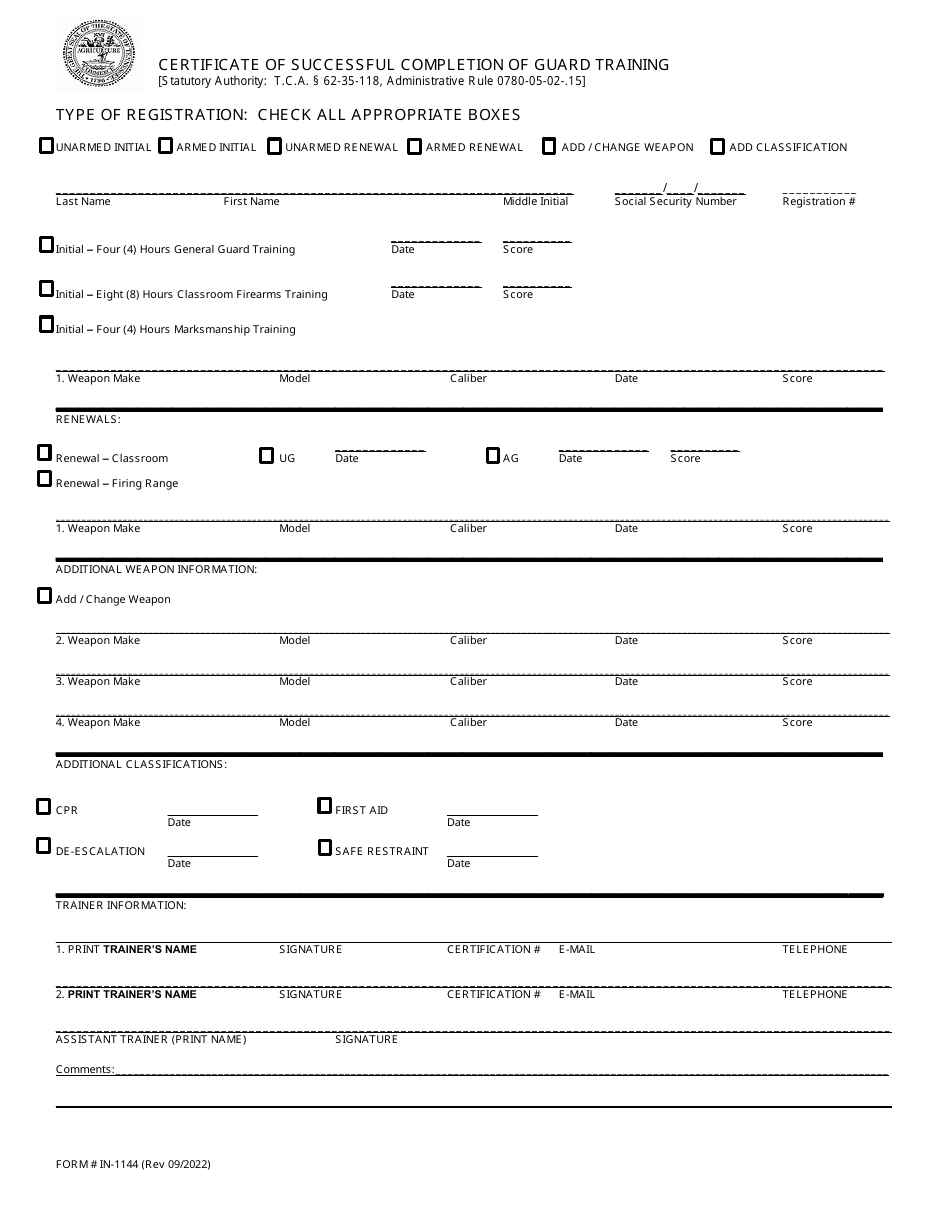 Form IN-1144 Certificate of Successful Completion of Guard Training - Tennessee, Page 1