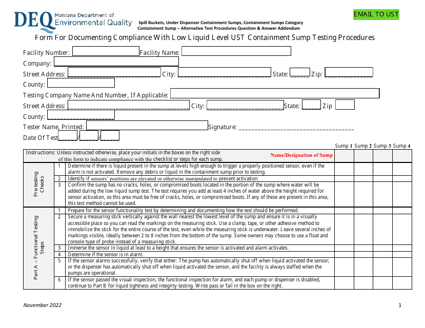 Form for Documenting Compliance With Low Liquid Level Ust Containment Sump Testing Procedures - Montana Download Pdf