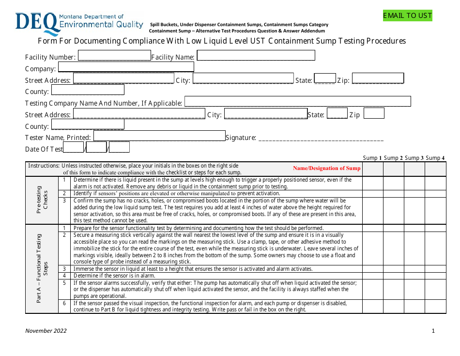 Montana Form for Documenting Compliance With Low Liquid Level Ust