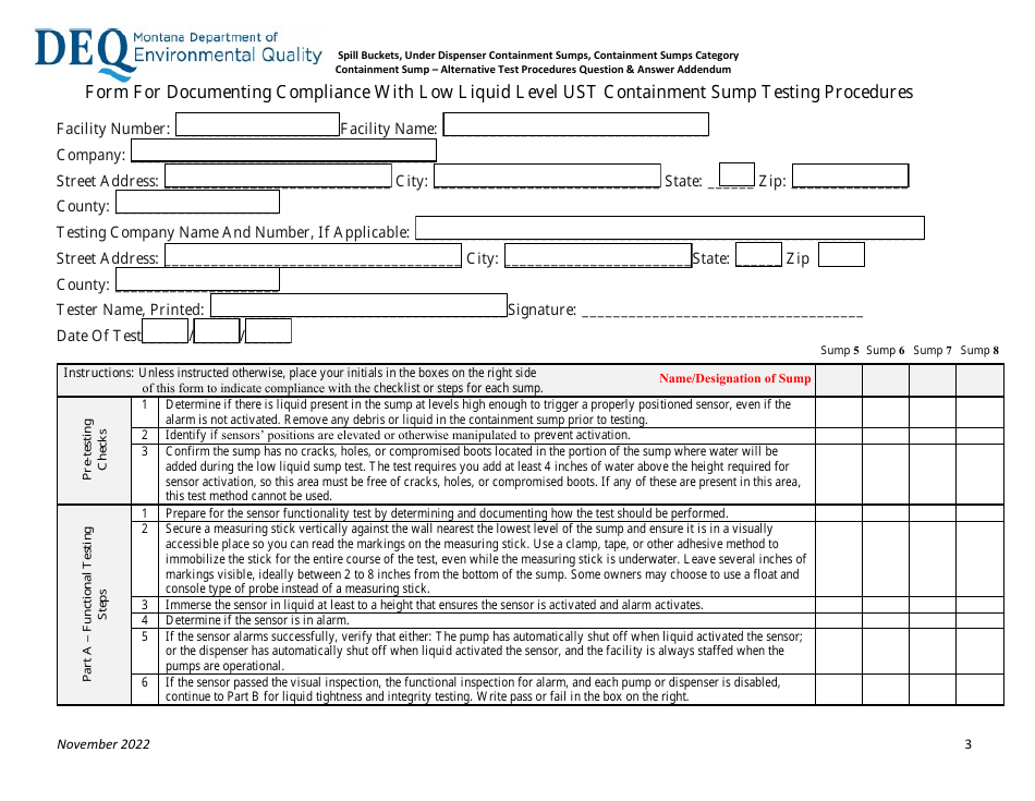 Form for Documenting Compliance With Low Liquid Level Ust Containment Sump Testing Procedures - Montana, Page 3
