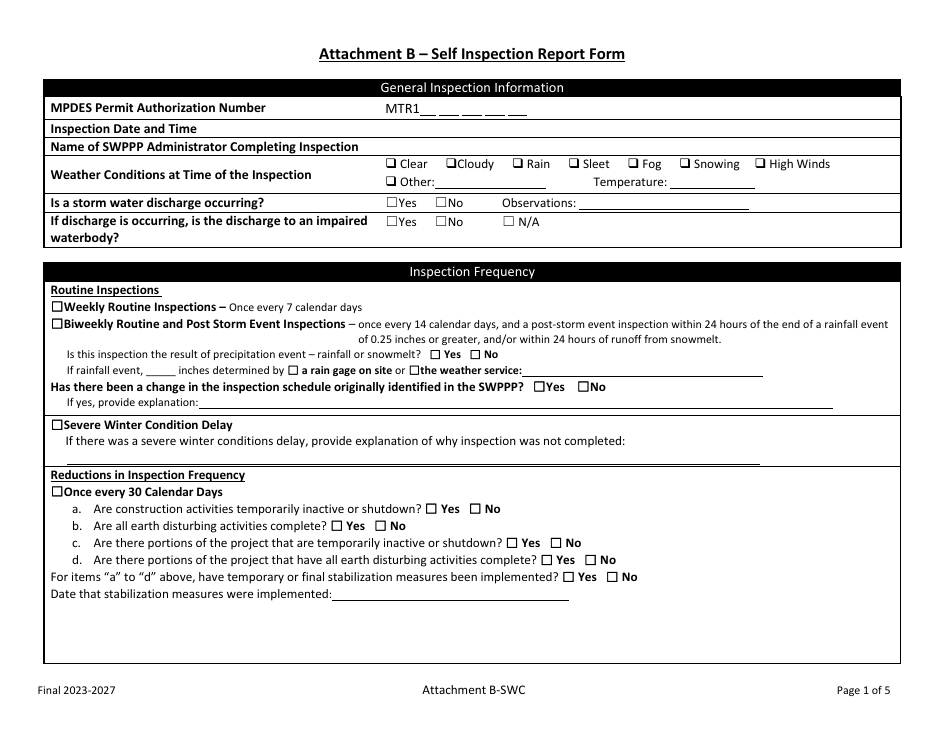 Attachment B Self Inspection Report Form - Montana, Page 1