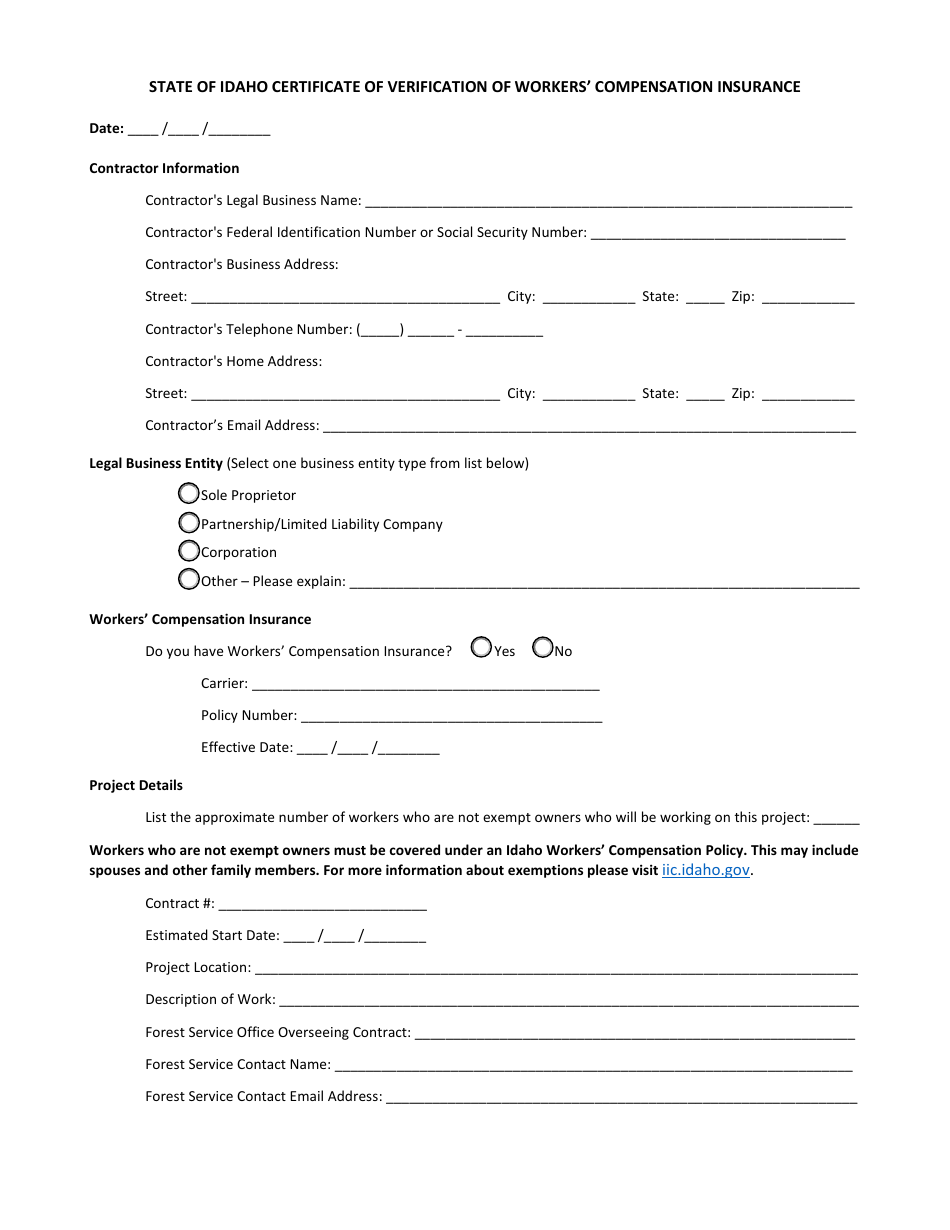 State of Idaho Certificate of Verification of Workers Compensation Insurance - Idaho, Page 1