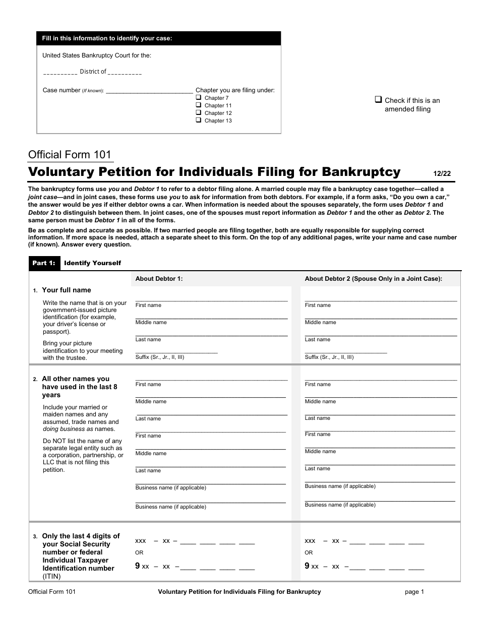 Official Form 101 Voluntary Petition for Individuals Filing for Bankruptcy, Page 1