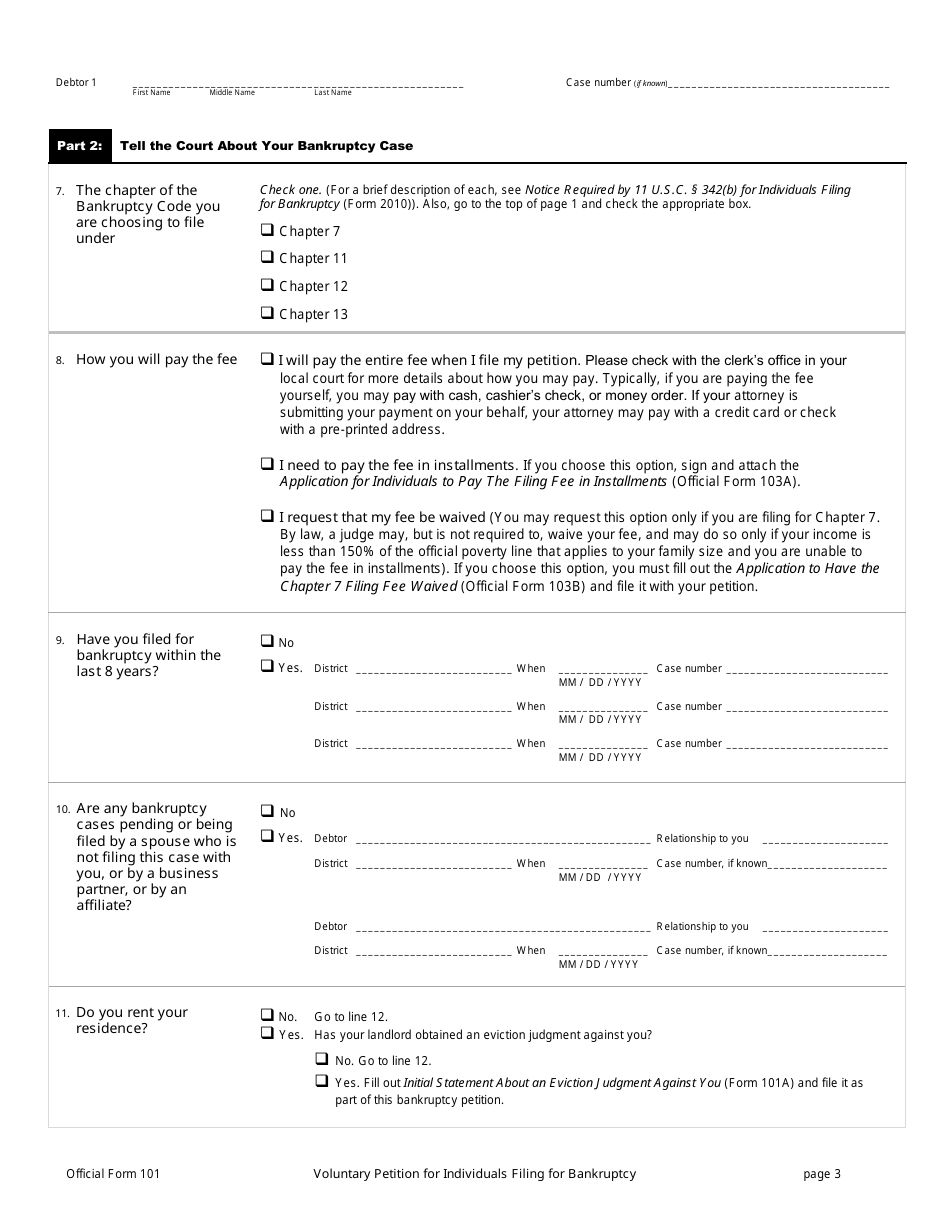 Official Form 101 Voluntary Petition for Individuals Filing for Bankruptcy, Page 3