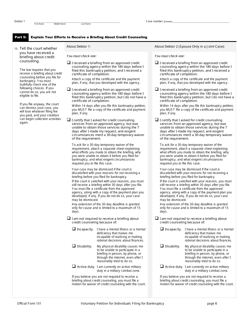 Official Form 101 Voluntary Petition for Individuals Filing for Bankruptcy, Page 6