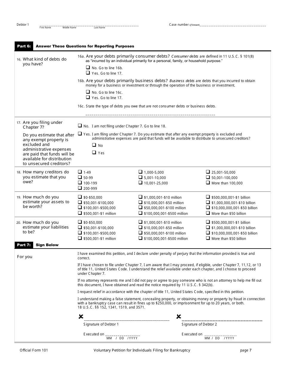 Official Form 101 Voluntary Petition for Individuals Filing for Bankruptcy, Page 7