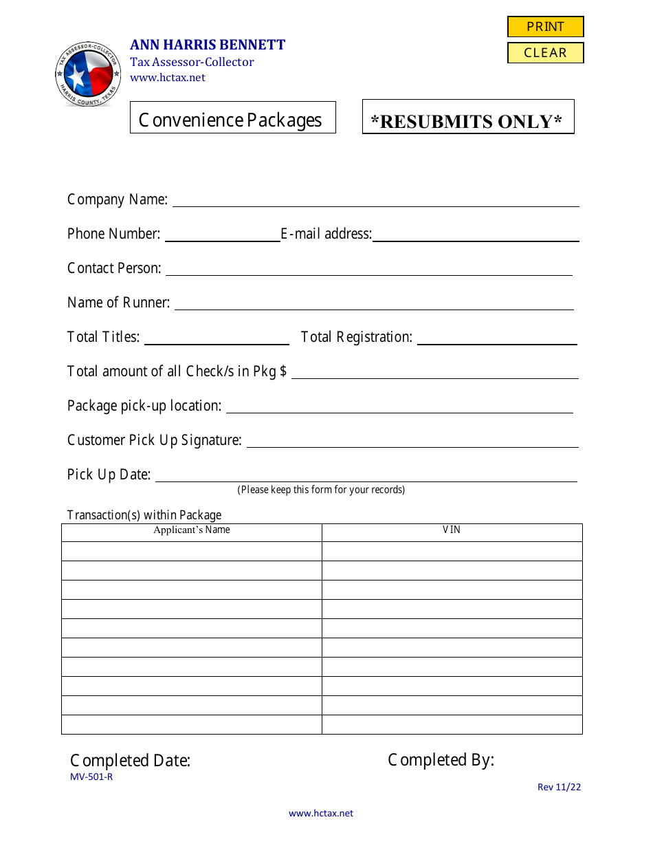 Form MV-501-R Convenience Packages (Resubmits Only) - Harris County, Texas, Page 1
