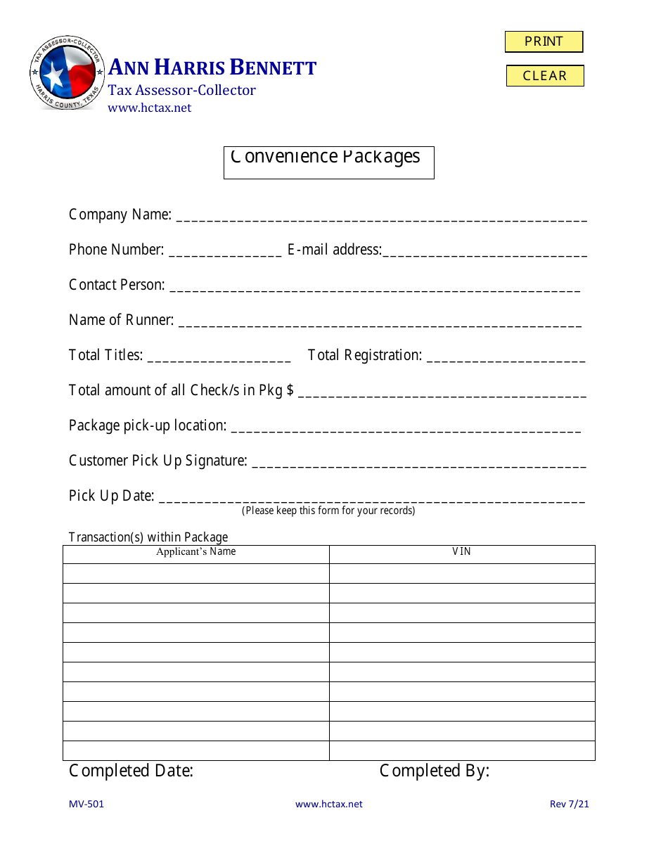 Form MV-501 Convenience Packages - Harris County, Texas, Page 1