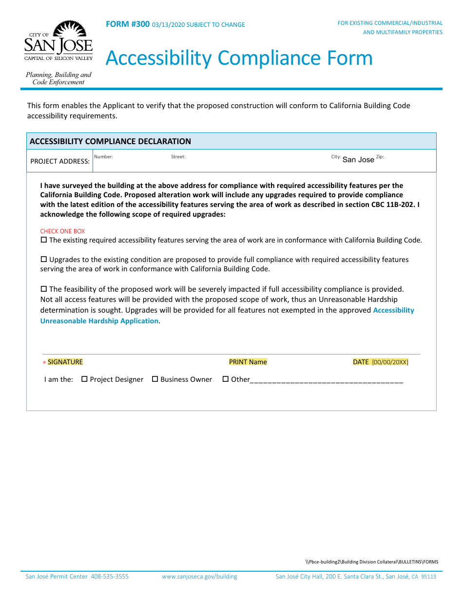 Form 300 Accessibility Compliance Form - City of San Jose, California, Page 1