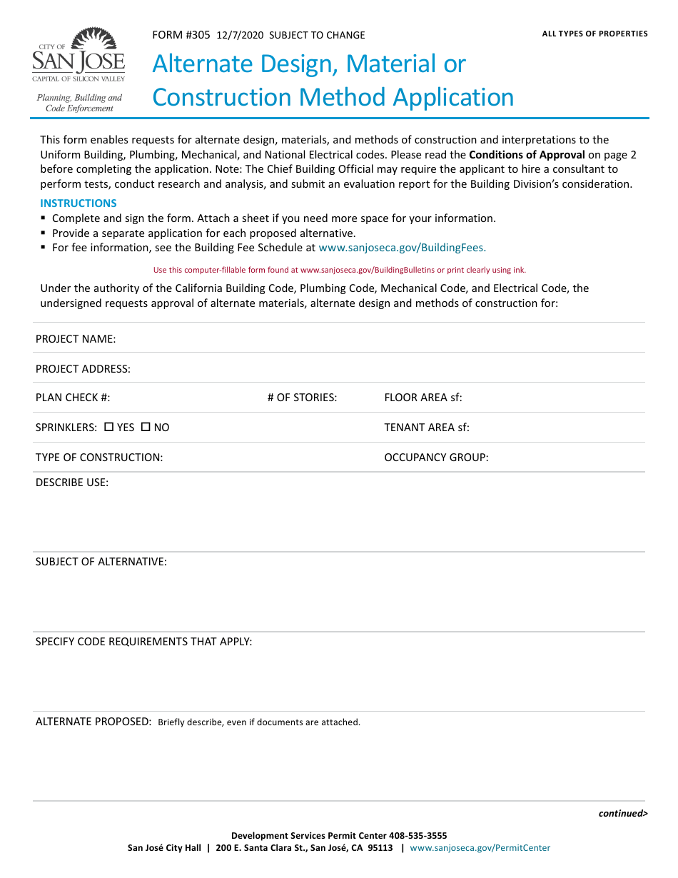 Form 305 Alternate Design, Material or Construction Method Application - City of San Jose, California, Page 1