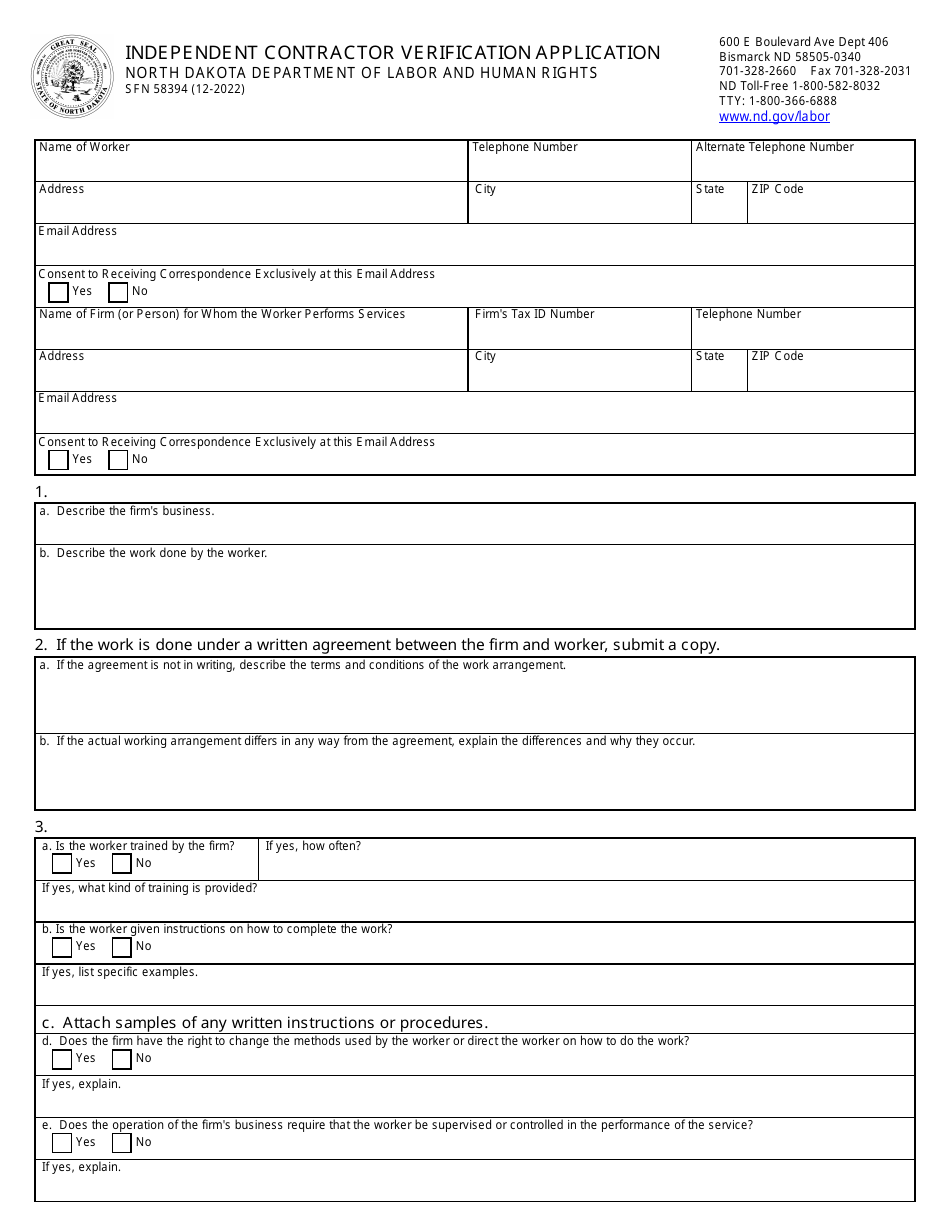 Form SFN58394 Independent Contractor Verification Application - North Dakota, Page 1