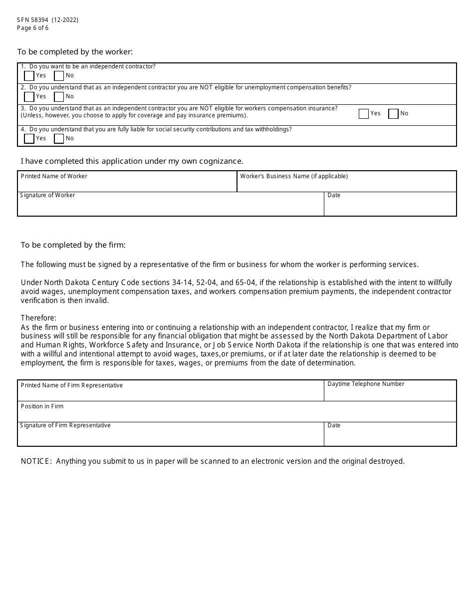 Form SFN58394 Independent Contractor Verification Application - North Dakota, Page 6