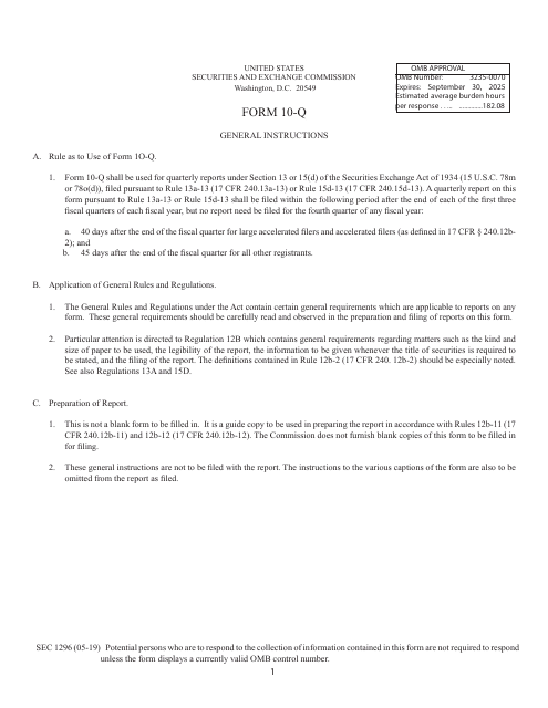 Form 10-Q (SEC Form 1296)  Printable Pdf