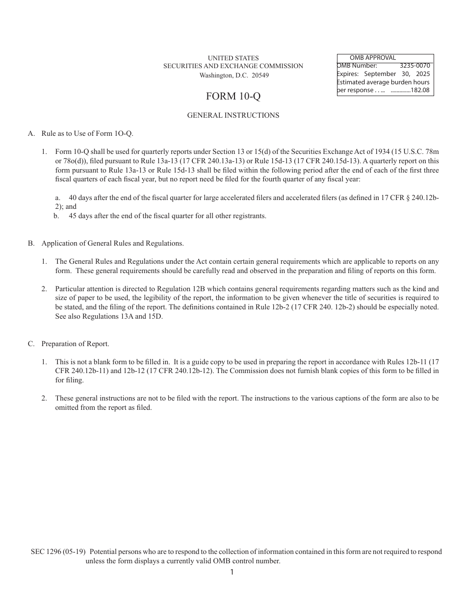 Form 10-Q (SEC Form 1296) General Form for Quarterly Reports Under Section 13 or 15(D), Page 1
